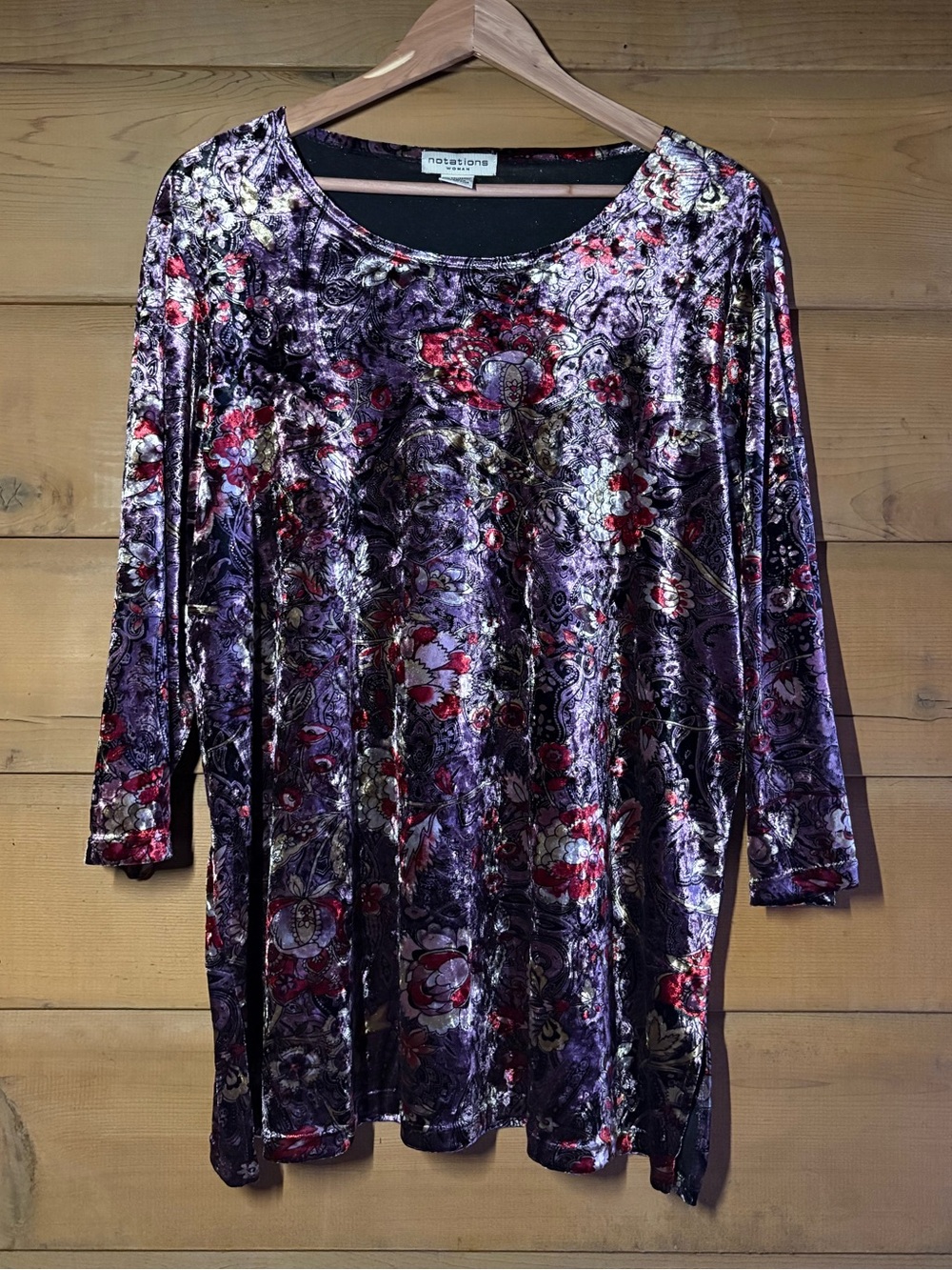 Notations Velvet Floral Top- Purple & Pink- Size 1X- Whimsigoth Tunic Plus Size